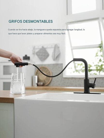 Grifo de cocina con rociador extraíble de acero inoxidable, negro mate - Image 6