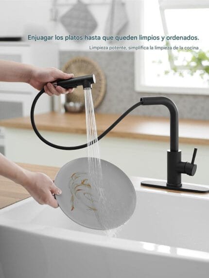 Grifo de cocina con rociador extraíble de acero inoxidable, negro mate - Image 8