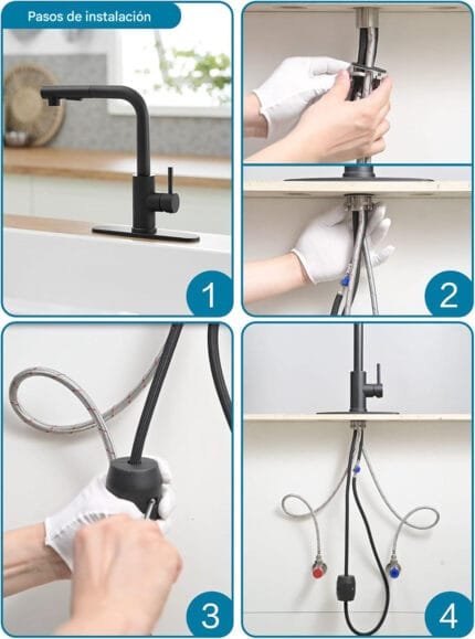 Grifo de cocina con rociador extraíble de acero inoxidable, negro mate - Image 9